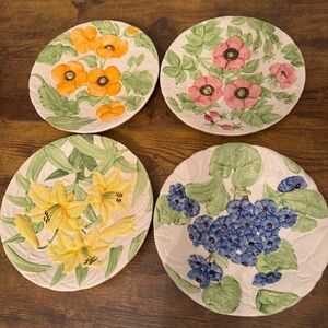 Shafford Raised Relief Floral‎ Plates Set of 4 Ceramic Mixed Flowers
